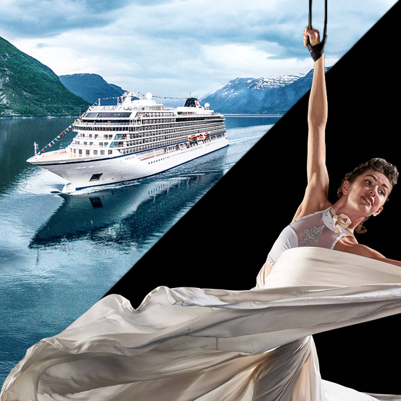 Viking cruise night with the cirque viking cruise ship in alaska shares the frame with an acrobatic performer in a white dress